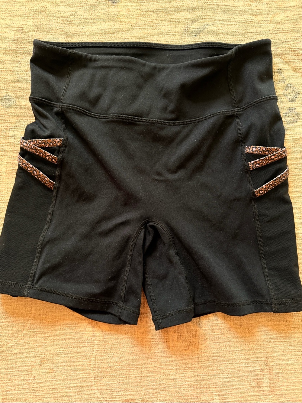 Fabletics Black High-Rise Bike Shorts with Leopard Accent